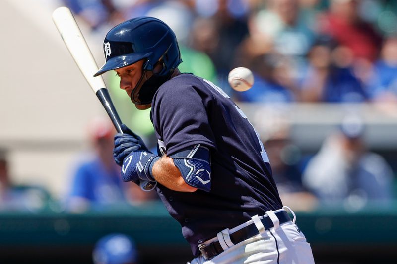 Mar 21, 2022; Lakeland, Florida, USA; Detroit Tigers shortstop Ryan Kreidler (54) takes a pitch high and inside in the third inning against the Toronto Blue Jays during spring training at Publix Field at Joker Marchant Stadium. Mandatory Credit: Nathan Ray Seebeck-USA TODAY Sports