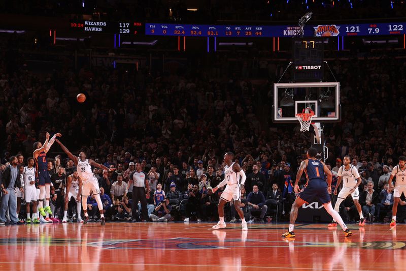 NEW YORK, NY - NOVEMBER 15: Jalen Brunson #11 of the New York Knicks scores the game winning three point basket during the game against the Brooklyn Nets during the Emirates NBA Cup game on November 15, 2024 at Madison Square Garden in New York City, New York.  NOTE TO USER: User expressly acknowledges and agrees that, by downloading and or using this photograph, User is consenting to the terms and conditions of the Getty Images License Agreement. Mandatory Copyright Notice: Copyright 2024 NBAE  (Photo by Nathaniel S. Butler/NBAE via Getty Images)