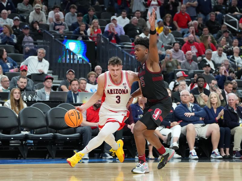 Mar 9, 2023; Las Vegas, NV, USA; Arizona Wildcats guard Pelle Larsson (3) dribbles against Stanford Cardinal forward Harrison Ingram (55) during the second half at T-Mobile Arena. Mandatory Credit: Stephen R. Sylvanie-USA TODAY Sports