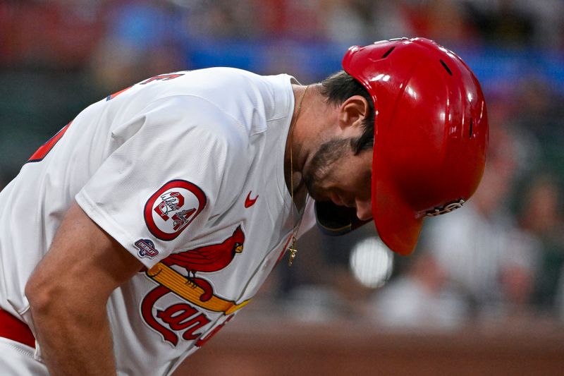 Sep 10, 2024; St. Louis, Missouri, USA;  St. Louis Cardinals shortstop Thomas Saggese (25) waits on deck for his first Major League at bat in his Major League debut during the second inning against the Cincinnati Reds at Busch Stadium. Mandatory Credit: Jeff Curry-Imagn Images