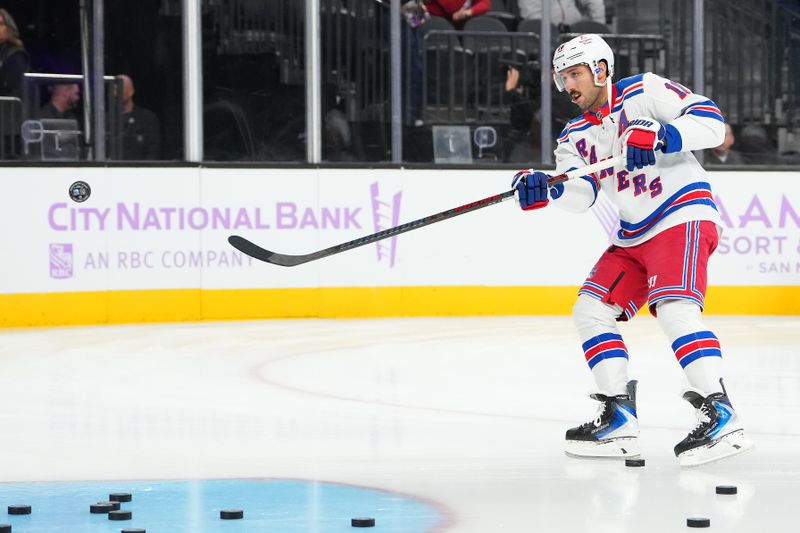 Nov 18, 2025; Las Vegas, Nevada, USA; New York Rangers center Vincent Trocheck (16) warms up before a game against the Vegas Golden Knights at T-Mobile Arena. Mandatory Credit: Stephen R. Sylvanie-Imagn Images