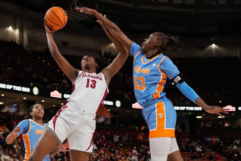 Mar 8, 2024; Greensville, SC, USA;Alabama Crimson Tide center JeAnna Cunningham (13) shoots against Tennessee Lady Vols forward Jillian Hollingshead (53) during the first half at Bon Secours Wellness Arena. Mandatory Credit: Jim Dedmon-USA TODAY Sports