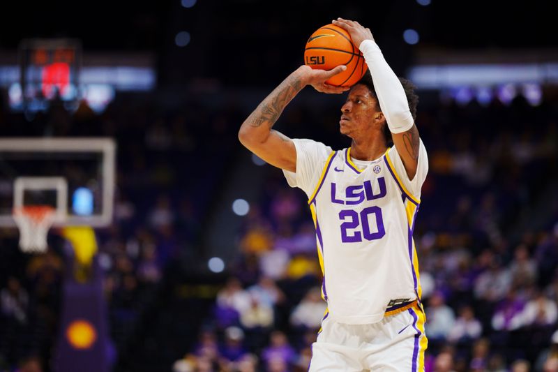 Feb 4, 2023; Baton Rouge, Louisiana, USA; LSU Tigers forward Derek Fountain (20) shoots against the Alabama Crimson Tide during the first half at Pete Maravich Assembly Center. Mandatory Credit: Andrew Wevers-USA TODAY Sports