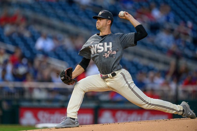 Sep 8, 2023; Washington, District of Columbia, USA; Washington Nationals starting pitcher MacKenzie Gore (1) throws a pitch during the first inning against the Los Angeles Dodgers at Nationals Park. Mandatory Credit: Reggie Hildred-USA TODAY Sports