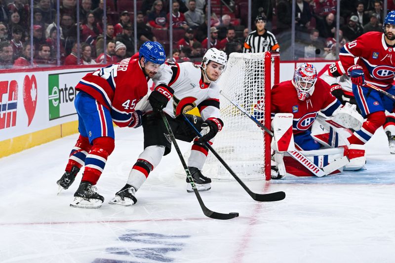 Dec 2, 2025; Montreal, Quebec, CAN; Montreal Canadiens defenseman Alexandre Carrier (45) defends the puck against Ottawa Senators center Ridly Greig (71) near the goal during the first period at Bell Centre. Mandatory Credit: David Kirouac-Imagn Images