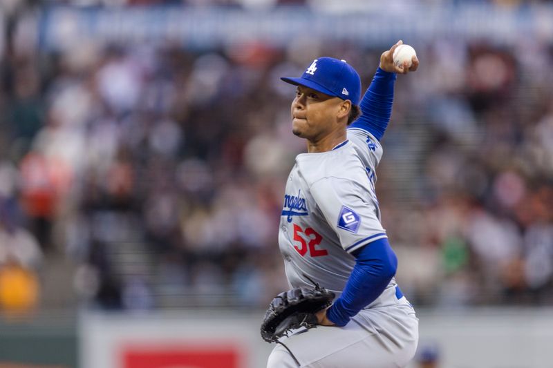 May 15, 2024; San Francisco, California, USA; Los Angeles Dodgers starting pitcher Elieser Hernandez (52) throws against the San Francisco Giants during the first inning at Oracle Park. Mandatory Credit: John Hefti-USA TODAY Sports