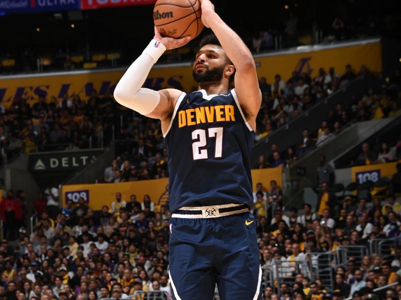 LOS ANGELES, CA - APRIL 27: Jamal Murray #27 of the Denver Nuggets shoots the ball during the game against the Los Angeles Lakers during Round 1 Game 4 of the 2024 NBA Playoffs on April 27, 2024 at Crypto.Com Arena in Los Angeles, California. NOTE TO USER: User expressly acknowledges and agrees that, by downloading and/or using this Photograph, user is consenting to the terms and conditions of the Getty Images License Agreement. Mandatory Copyright Notice: Copyright 2024 NBAE (Photo by Andrew D. Bernstein/NBAE via Getty Images)