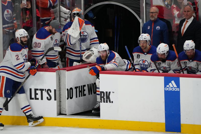 Jun 24, 2024; Sunrise, Florida, USA; Edmonton Oilers react to the loss against the Florida Panthers in game seven of the 2024 Stanley Cup Final at Amerant Bank Arena. Mandatory Credit: Jim Rassol-USA TODAY Sports
