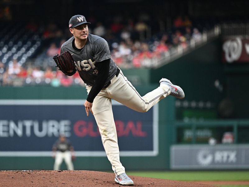 Aug 10, 2024; Washington, District of Columbia, USA;  Washington Nationals starting pitcher Patrick Corbin (46) delivers a first inning pitch against the Los Angeles Angels at Nationals Park. Mandatory Credit: James A. Pittman-USA TODAY Sports