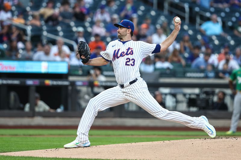 Aug 14, 2024; New York City, New York, USA;  New York Mets starting pitcher David Peterson (23) pitches in the first inning against the Oakland Athletics at Citi Field. Mandatory Credit: Wendell Cruz-USA TODAY Sports