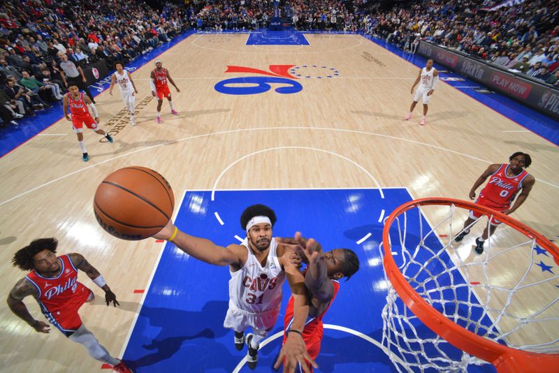 PHILADELPHIA, PA - FEBRUARY 23: Jarrett Allen #31 of the Cleveland Cavaliers drives to the basket during the game against the Philadelphia 76ers on February 23, 2024 at the Wells Fargo Center in Philadelphia, Pennsylvania NOTE TO USER: User expressly acknowledges and agrees that, by downloading and/or using this Photograph, user is consenting to the terms and conditions of the Getty Images License Agreement. Mandatory Copyright Notice: Copyright 2024 NBAE (Photo by Jesse D. Garrabrant/NBAE via Getty Images)