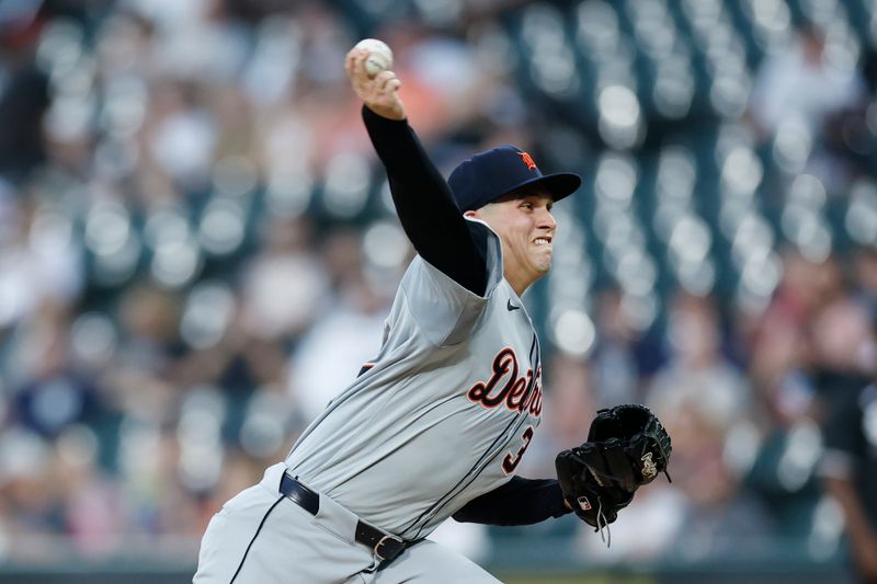 Aug 26, 2024; Chicago, Illinois, USA; Detroit Tigers starting pitcher Ty Madden (36) delivers a pitch against the Chicago White Sox during the first inning at Guaranteed Rate Field. Mandatory Credit: Kamil Krzaczynski-USA TODAY Sports