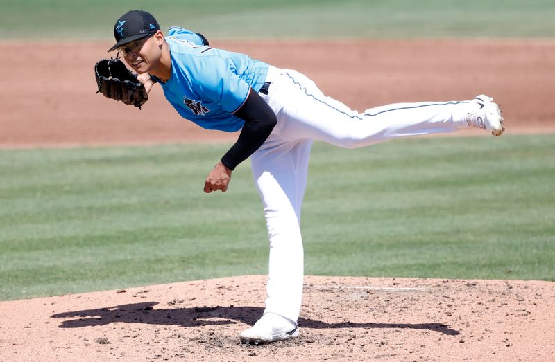 Mar 26, 2023; Jupiter, Florida, USA;  Miami Marlins starting pitcher Jesus Luzardo (44) pitches against the Washington Nationals during the fourth inning at Roger Dean Stadium. Mandatory Credit: Rhona Wise-USA TODAY Sports