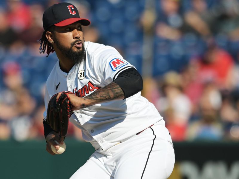 Sep 15, 2024; Cleveland, Ohio, USA; Cleveland Guardians relief pitcher Emmanuel Clase (48) throws a pitch during the ninth inning against the Tampa Bay Rays at Progressive Field. Mandatory Credit: Ken Blaze-Imagn Images