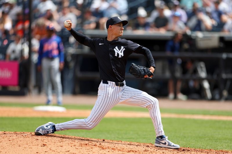 Mar 25, 2024; Tampa, Florida, USA;  New York Yankees starting pitcher Luke Weaver (30) throws a pitch against the New York Mets in the eighth inning at George M. Steinbrenner Field. Mandatory Credit: Nathan Ray Seebeck-USA TODAY Sports