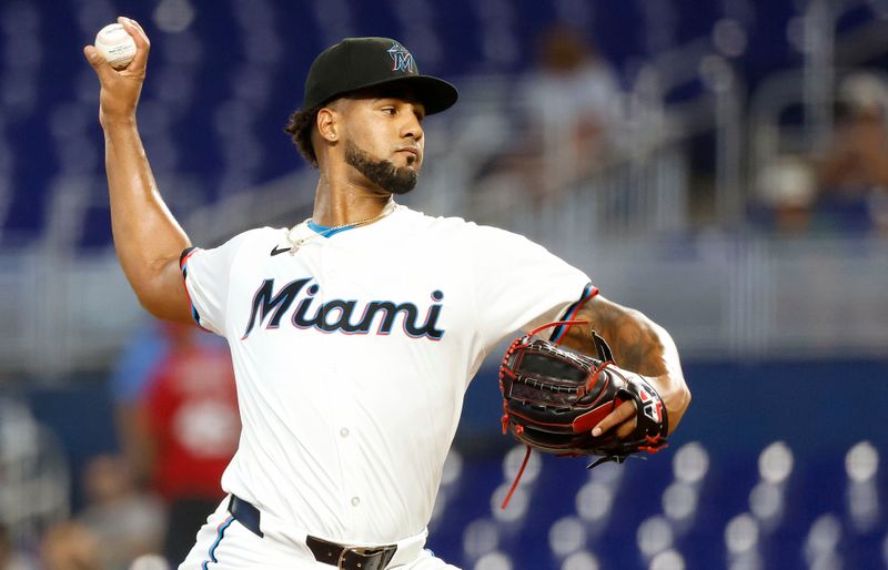 Jun 18, 2024; Miami, Florida, USA; Miami Marlins starting pitcher Roddery Munoz (71) pitches against the St. Louis Cardinals in the first inning at loanDepot Park. Mandatory Credit: Rhona Wise-USA TODAY Sports