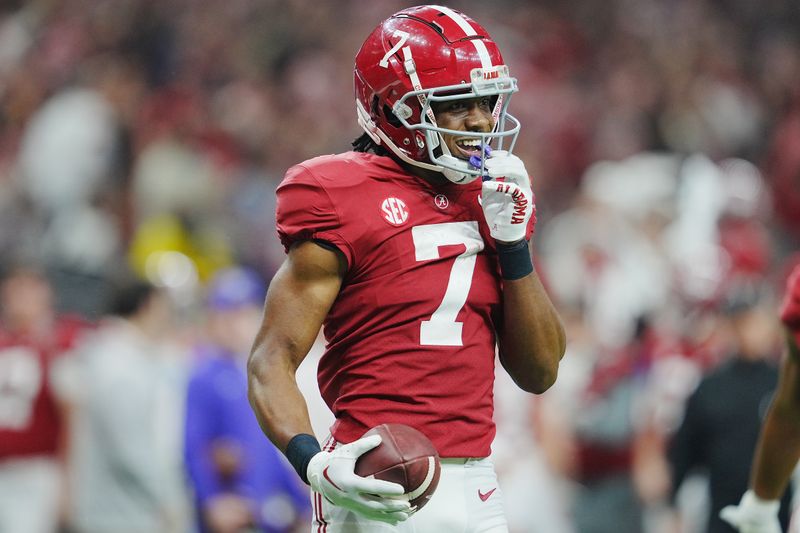 Dec 31, 2022; New Orleans, LA, USA; Alabama Crimson Tide wide receiver Ja'Corey Brooks (7) celebrates his touchdown scored against the Kansas State Wildcats during the second half in the 2022 Sugar Bowl at Caesars Superdome. Mandatory Credit: Andrew Wevers-USA TODAY Sports