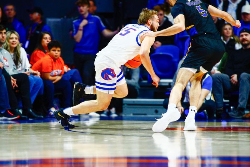 Feb 20, 2024; Boise, Idaho, USA;  Boise State Broncos guard Jace Whiting (15) during the first half against the San Jose State Spartans at ExtraMile Arena. Mandatory Credit: Brian Losness-USA TODAY Sports

