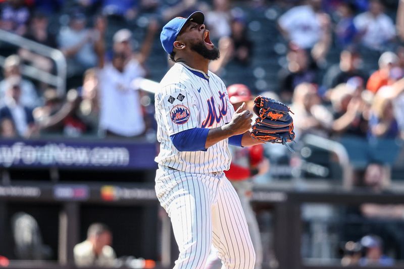 Sep 8, 2024; New York City, New York, USA;  New York Mets starting pitcher Luis Severino (40) reacts after an out in the fifth inning against the Cincinnati Reds at Citi Field. Mandatory Credit: Wendell Cruz-Imagn Images