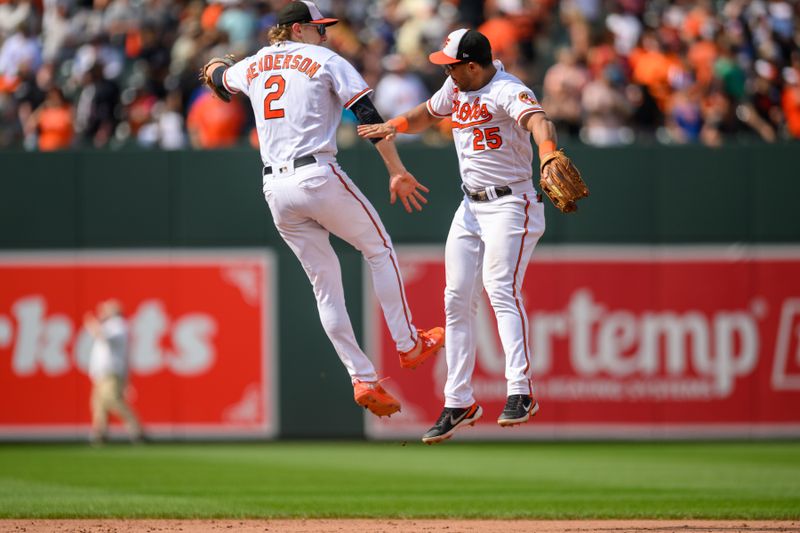 Aug 6, 2023; Baltimore, Maryland, USA; Baltimore Orioles third baseman Gunnar Henderson (2) and right fielder Anthony Santander (25) celebrate after a win against the New York Mets at Oriole Park at Camden Yards. Mandatory Credit: Reggie Hildred-USA TODAY Sports