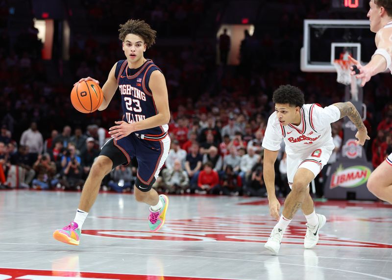 Dec 9, 2025; Columbus, Ohio, USA; Illinois Fighting Illini guard Andrej Stojakovic (2) brings the ball up court as Ohio State Buckeyes guard John Mobley Jr. (0) defends during the first half Value City Arena. Mandatory Credit: Joseph Maiorana-Imagn Images