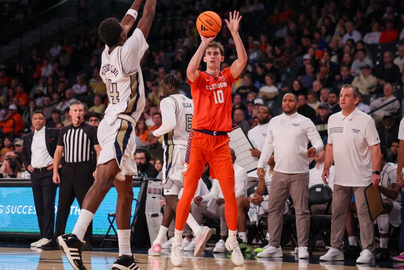 Jan 24, 2026; Atlanta, Georgia, USA; Clemson Tigers forward Jake Wahlin (10) shoots against the Georgia Tech Yellow Jackets in the first half at McCamish Pavilion. Mandatory Credit: Brett Davis-Imagn Images