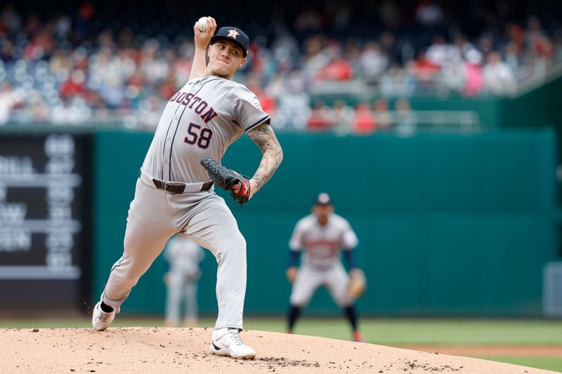 Apr 21, 2024; Washington, District of Columbia, USA; Houston Astros starting pitcher Hunter Brown (58) pitches against the Washington Nationals during the first inning at Nationals Park. Mandatory Credit: Geoff Burke-USA TODAY Sports