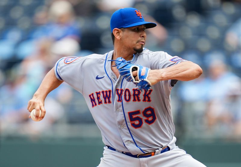 Aug 3, 2023; Kansas City, Missouri, USA; New York Mets starting pitcher Carlos Carrasco (59) pitches during the fifth inning against the Kansas City Royals at Kauffman Stadium. Mandatory Credit: Jay Biggerstaff-USA TODAY Sports