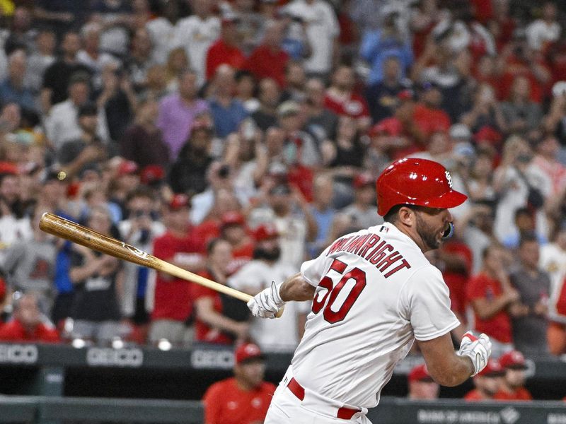 Sep 29, 2023; St. Louis, Missouri, USA;  St. Louis Cardinals pinch hitter Adam Wainwright (50) bats against the Cincinnati Reds during the sixth inning at Busch Stadium. Mandatory Credit: Jeff Curry-USA TODAY Sports