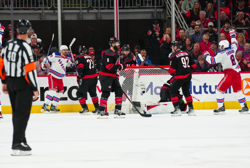 May 16, 2024; Raleigh, North Carolina, USA; New York Rangers left wing Chris Kreider (20) celebrates his goal against the Carolina Hurricanes during the third period in game six of the second round of the 2024 Stanley Cup Playoffs at PNC Arena. Mandatory Credit: James Guillory-USA TODAY Sports