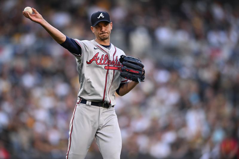 Apr 14, 2022; San Diego, California, USA; Atlanta Braves starting pitcher Charlie Morton (50) throws to first base on a ground out by San Diego Padres shortstop C.J. Abrams (not pictured) during the third inning at Petco Park. Mandatory Credit: Orlando Ramirez-USA TODAY Sports