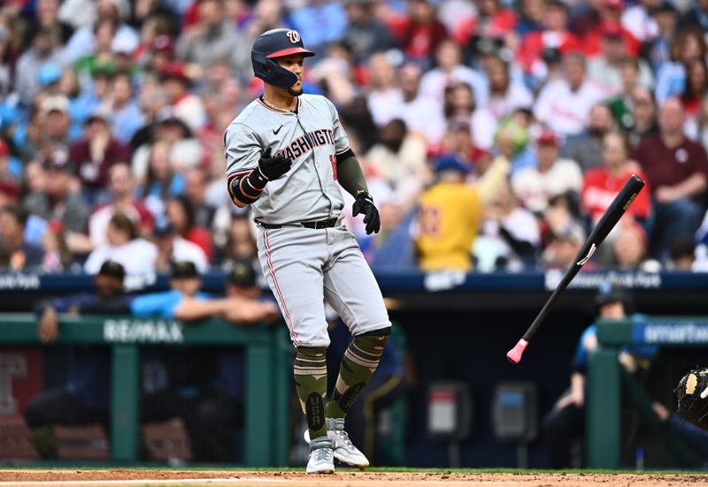 May 17, 2024; Philadelphia, Pennsylvania, USA; Washington Nationals infielder Ildemaro Vargas (14) draws a walk against the Philadelphia Phillies in the second inning at Citizens Bank Park. Mandatory Credit: Kyle Ross-USA TODAY Sports