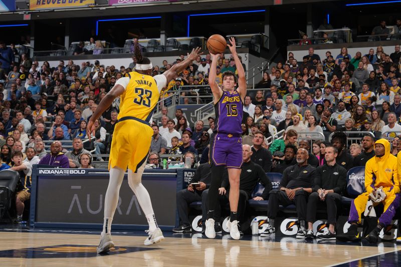 INDIANAPOLIS, IN - MARCH 29: Austin Reaves #15 of the Los Angeles Lakers shoots a three point basket during the game against the Indiana Pacers  on March 24, 2024 at Gainbridge Fieldhouse in Indianapolis, Indiana. NOTE TO USER: User expressly acknowledges and agrees that, by downloading and or using this Photograph, user is consenting to the terms and conditions of the Getty Images License Agreement. Mandatory Copyright Notice: Copyright 2024 NBAE (Photo by Jesse D. Garrabrant /NBAE via Getty Images)