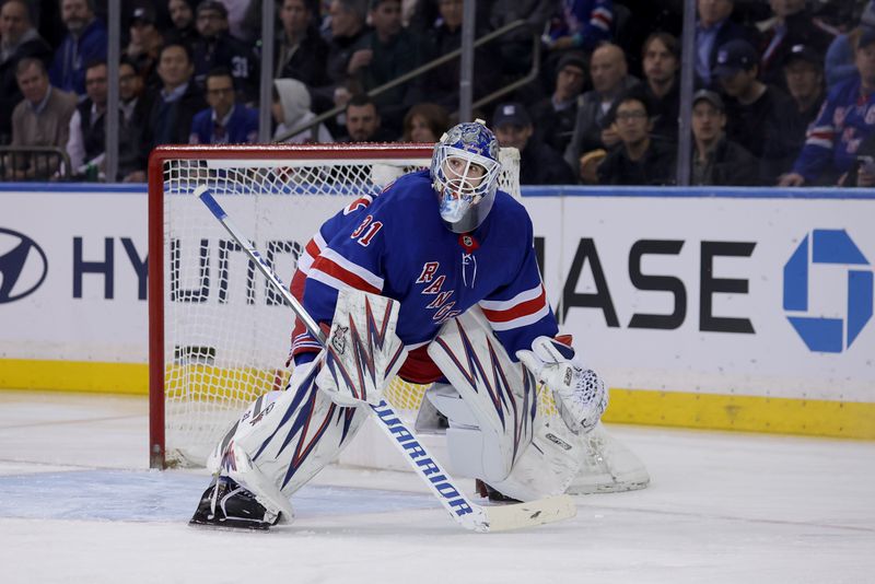 Nov 14, 2024; New York, New York, USA; New York Rangers goaltender Igor Shesterkin (31) tends net against the San Jose Sharks during the second period at Madison Square Garden. Mandatory Credit: Brad Penner-Imagn Images