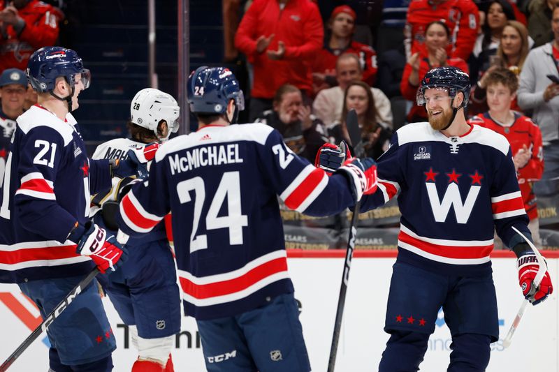 Nov 8, 2023; Washington, District of Columbia, USA; Washington Capitals right wing Anthony Mantha (39) celebrates with teammates after scoring a goal against the Florida Panthers in the first period at Capital One Arena. Mandatory Credit: Geoff Burke-USA TODAY Sports