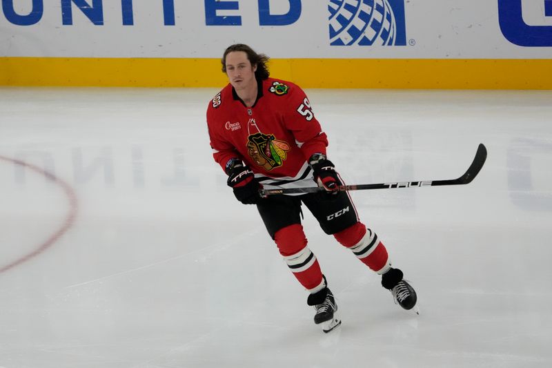 Oct 28, 2025; Chicago, Illinois, USA; Chicago Blackhawks left wing Tyler Bertuzzi (59) warms up before a game against the Ottawa Senators at United Center. Mandatory Credit: David Banks-Imagn Images