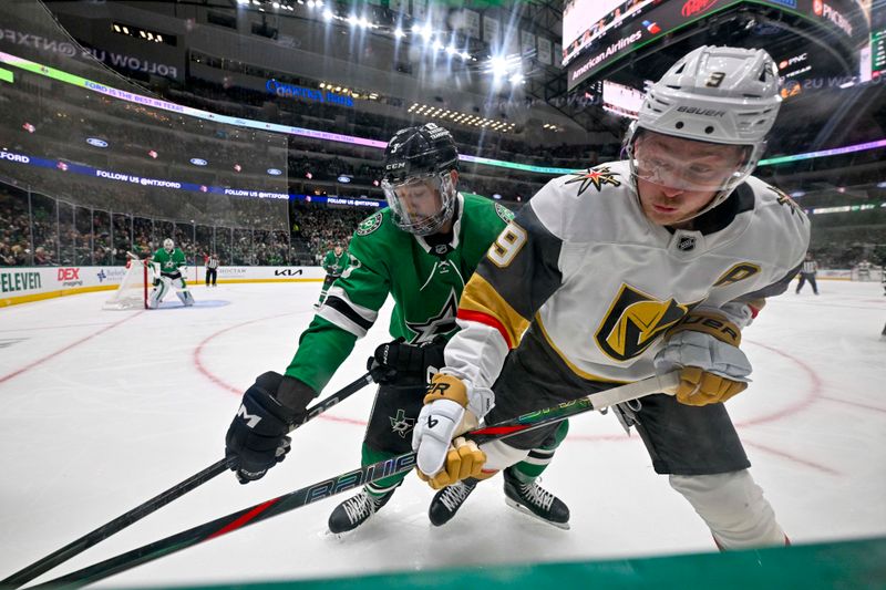 Jan 24, 2025; Dallas, Texas, USA; Dallas Stars defenseman Matt Dumba (3) and Vegas Golden Knights center Jack Eichel (9) battle for control of the puck during the third period at the American Airlines Center. Mandatory Credit: Jerome Miron-Imagn Images