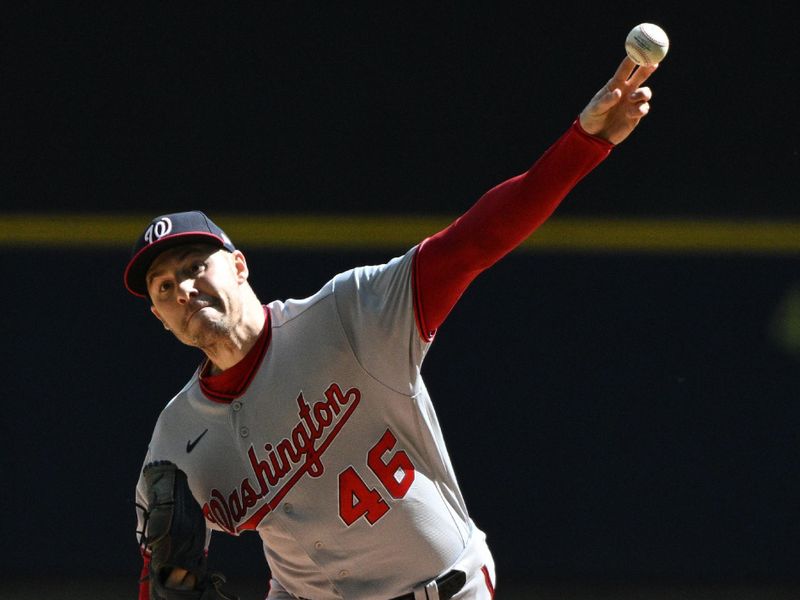 Sep 17, 2023; Milwaukee, Wisconsin, USA; Washington Nationals starting pitcher Patrick Corbin (46) delivers a pitch against the Milwaukee Brewers in the first inning at American Family Field. Mandatory Credit: Michael McLoone-USA TODAY Sports