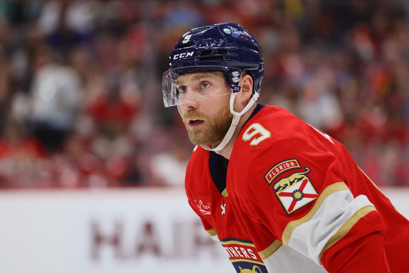 Apr 13, 2024; Sunrise, Florida, USA; Florida Panthers center Sam Bennett (9) looks on against the Buffalo Sabres during the second period at Amerant Bank Arena. Mandatory Credit: Sam Navarro-USA TODAY Sports