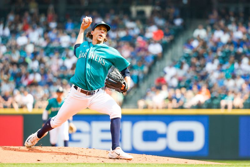 Aug 28, 2023; Seattle, Washington, USA; Seattle Mariners starting pitcher Logan Gilbert (36) throws against the Kansas City Royals during the second inning at T-Mobile Park. Mandatory Credit: Joe Nicholson-USA TODAY Sports