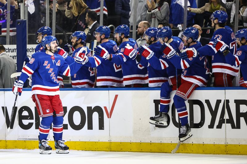 Apr 21, 2024; New York, New York, USA; New York Rangers left wing Chris Kreider (20) celebrates with his teammates after scoring a goal in the third period against the Washington Capitals in game one of the first round of the 2024 Stanley Cup Playoffs at Madison Square Garden. Mandatory Credit: Wendell Cruz-USA TODAY Sports