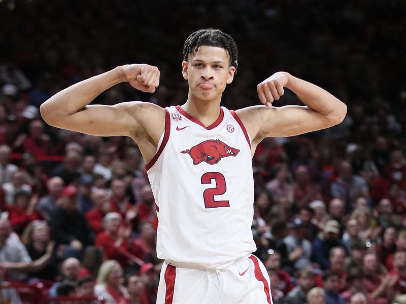 Dec 3, 2022; Fayetteville, Arkansas, USA; Arkansas Razorbacks forward Trevon Brazile (2) celebrates after a play in the second half against the San Jose State Spartans at Bud Walton Arena. Arkansas won 99-58. Mandatory Credit: Nelson Chenault-USA TODAY Sports