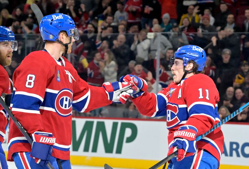 Jan 11, 2024; Montreal, Quebec, CAN; Montreal Canadiens forward Brendan Gallagher (11) celebrates with teammate defenseman Mike Matheson (8) after scoring a goal against the San Jose Sharks during the first period at the Bell Centre. Mandatory Credit: Eric Bolte-USA TODAY Sports