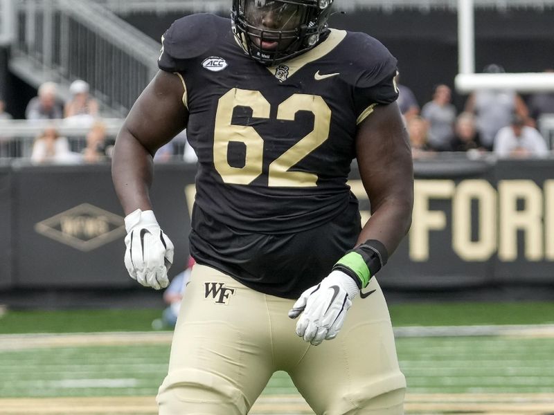 Sep 9, 2023; Winston-Salem, North Carolina, USA; Wake Forest Demon Deacons offensive lineman DeVonte Gordon (62) during the second quarter at Allegacy Federal Credit Union Stadium. Mandatory Credit: Jim Dedmon-USA TODAY Sports