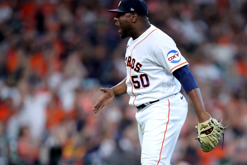 Sep 20, 2023; Houston, Texas, USA; Houston Astros relief pitcher Hector Neris (50) reacts after a strikeout against the Baltimore Orioles during the sixth inning at Minute Maid Park. Mandatory Credit: Erik Williams-USA TODAY Sports