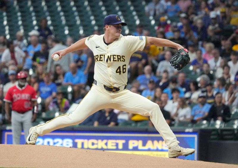 Sep 18, 2025; Milwaukee, Wisconsin, USA; Milwaukee Brewers pitcher Quinn Priester (46) delivers a pitch against the Los Angeles Angels in the first inning at American Family Field. Mandatory Credit: Michael McLoone-Imagn Images