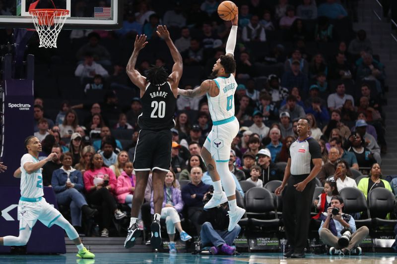 CHARLOTTE, NC - JANUARY 29:  Miles Bridges #0 of the Charlotte Hornets shoots the ball during the game against the Brooklyn Nets on January 29, 2025 at Spectrum Center in Charlotte, North Carolina. NOTE TO USER: User expressly acknowledges and agrees that, by downloading and or using this photograph, User is consenting to the terms and conditions of the Getty Images License Agreement. Mandatory Copyright Notice: Copyright 2025 NBAE (Photo by Brock Williams-Smith/NBAE via Getty Images)