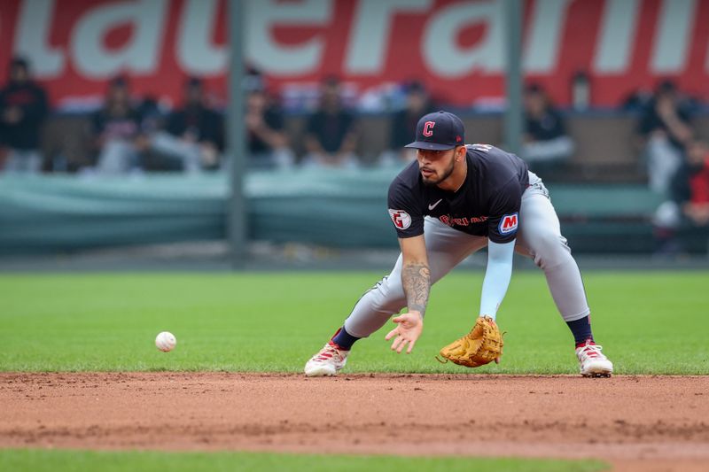 Jun 28, 2023; Kansas City, Missouri, USA; Cleveland Guardians third base Gabriel Arias (13) waits for a ground ball during the first inning against the Kansas City Royals at Kauffman Stadium. Mandatory Credit: William Purnell-USA TODAY Sports