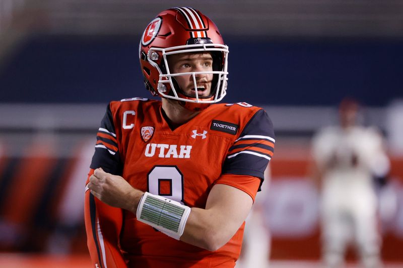 9Dec 5, 2020; Salt Lake City, Utah, USA;  Utah Utes quarterback Jake Bentley (8) prepares for their game against the Oregon State Beavers at Rice-Eccles Stadium. Mandatory Credit: Jeffrey Swinger-USA TODAY Sports