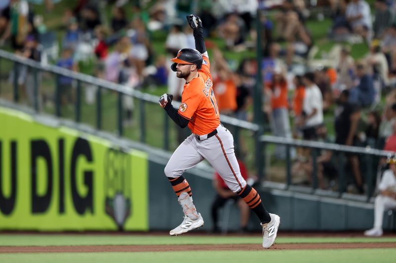 Jun 7, 2025; West Sacramento, California, USA; Baltimore Orioles center fielder Colton Cowser (17) reacts after hitting a solo home run against the Athletics during the sixth inning at Sutter Health Park. Mandatory Credit: Dennis Lee-Imagn Images